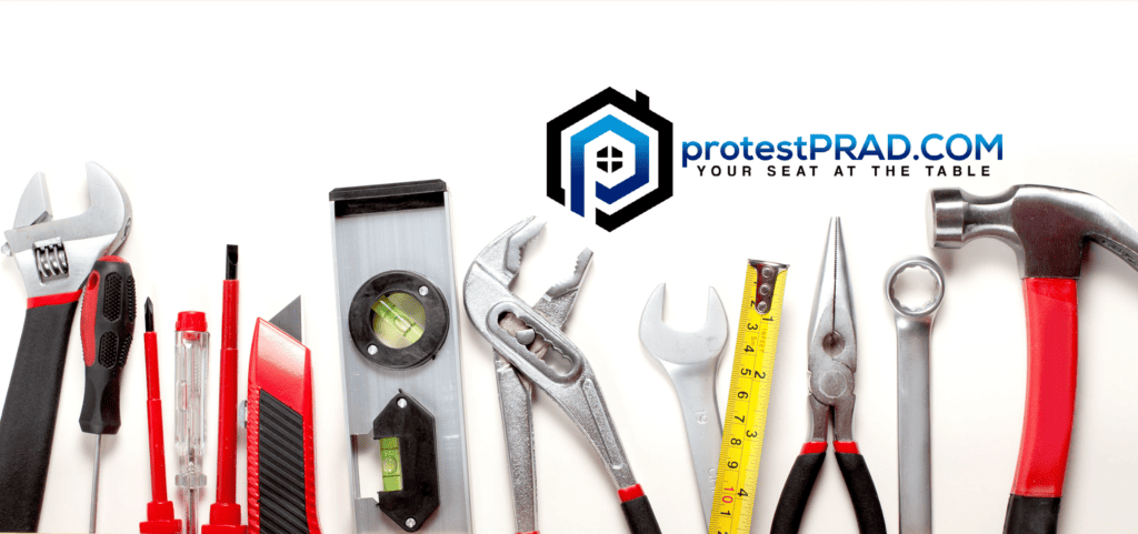 Tools for home repair and maintenance, including hammer, screwdriver, wrench, tape measure, and leve.